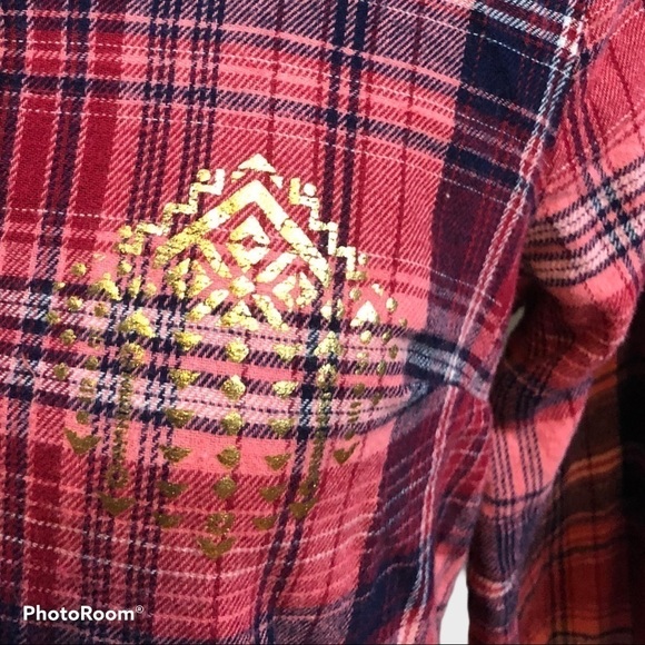 Derek HEART plaid/gold embellished button up  top - Picture 2 of 8